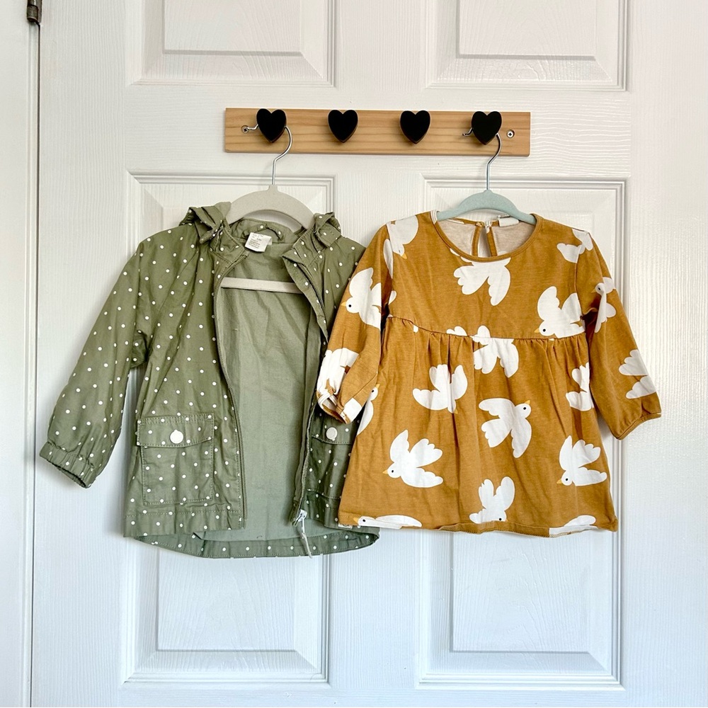 H&M Baby Girl Hooded Jacket Dress Set Green Polka Dot Yellow Bird 6-9 mo